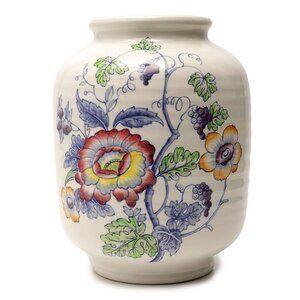 Vintage Wedgewood Ceramic Floral Jar England Ridges White Blue Tea Canister Vase